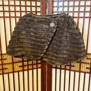 Nina Leonard Dark Brown Striped Faux Fur Cape with Rhinestone Brooch